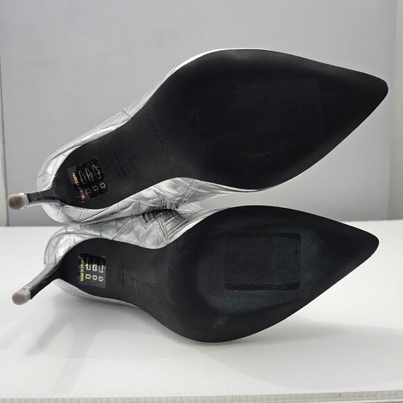 Black Suede Studio Tory Knee High Boot EU 38 Metallic Silver Croc Embossed Heel - Picture 14 of 16